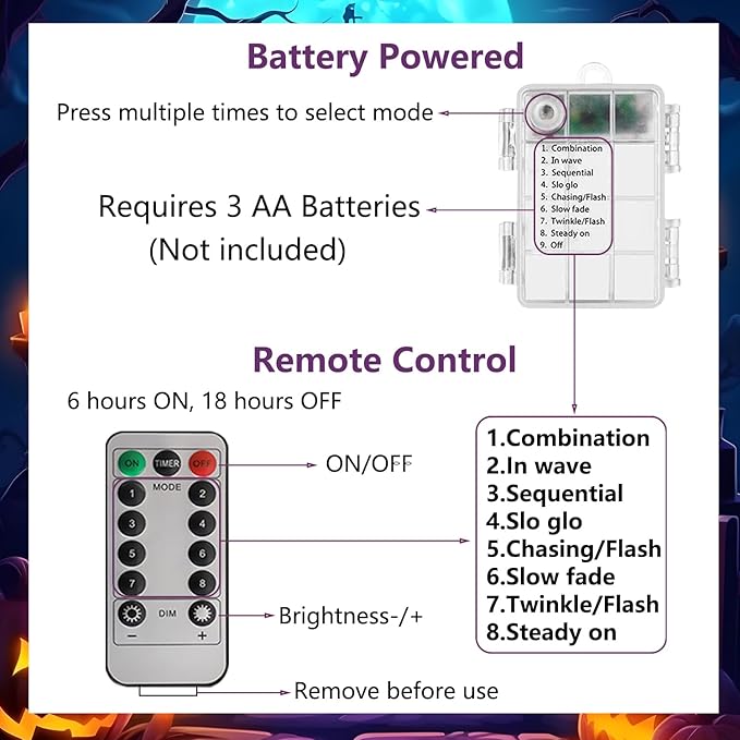 Halloween Lights White Ghost Purple Bat Orange Pumpkin, 30 LED Copper String Lights with Remote Control Battery Operated Fairy Lights for Cosplay Party, Gothic Halloween Decor (White, Purple, Orange)