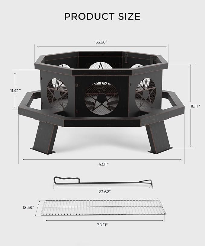 43 inch Fire Pit, Outdoor Fire Pits with Cooking Grill, Wood Burning Fire Pits for Outside, Octagonal Heavy Duty Large Firepit with Poker for Bonfire, Backyard, Camping, Bronze