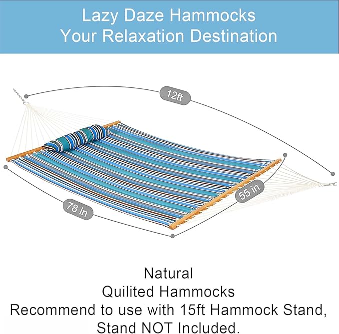 Lazy Daze Hammocks 12 FT Quilted Fabric Double Hammock with Spreader Bars and Detachable Pillow, 450 LBS Weight Capacity, Peacock Green Stripe