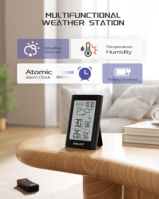 BALDR Weather Stations Wireless Indoor Outdoor,4.5 Inch Display Temperature and Humidity Monitor, Battery Weather Station with 330ft Range Sensor and Adjustable Backlight
