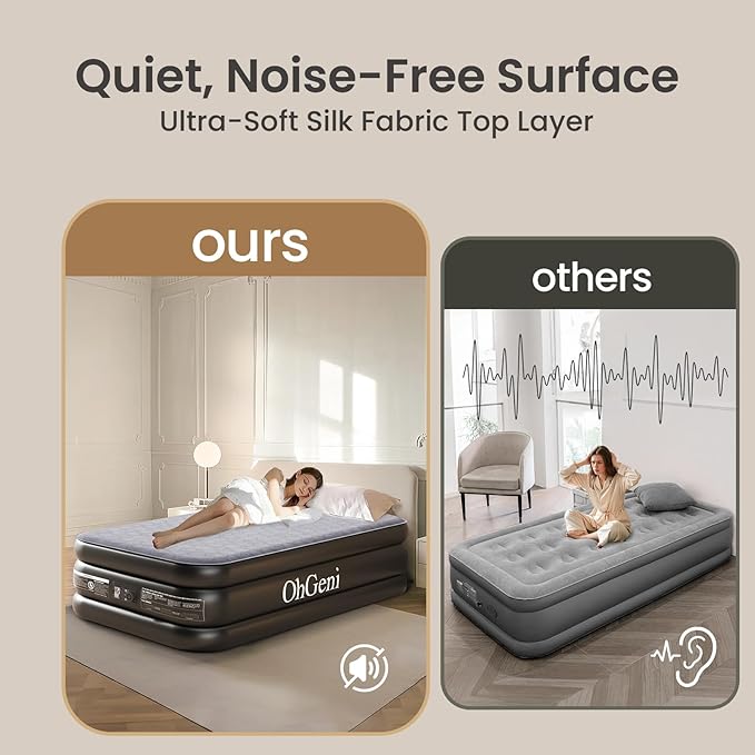 OhGeni 18" Luxury Twin Air Mattress with Built-in Pump, Inflatable Bed with Silk Foam Topper for Superior Comfort, Premium Blow-Up Mattress for Home, Camping & Guests, Easy Setup, Extra Support, Black