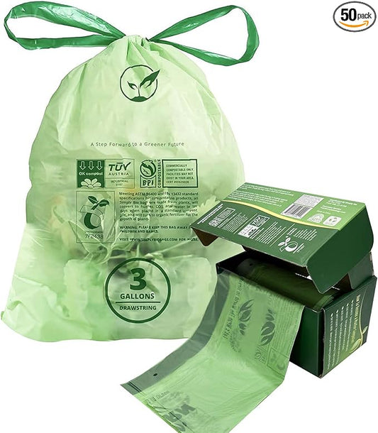 3 Gallon Compostable Trash Bags Drawstring, Heavy Duty Extra Thick 1 Mil, 11.36 Liter, 50 Bags, Small Kitchen Food Scrap Waste Bag, ASTM D6400, US BPI and OK Compost Home Certified