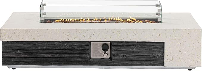 COSIEST 56" Outdoor Propane Fire Pit Table w Tank Cover & Wind Guard, Rectangle Gas Fire Pit Table with Concrete & Wood Grain Design, 50000BTU CSA Certified Fire Tables for Patio, Backyard, Garden