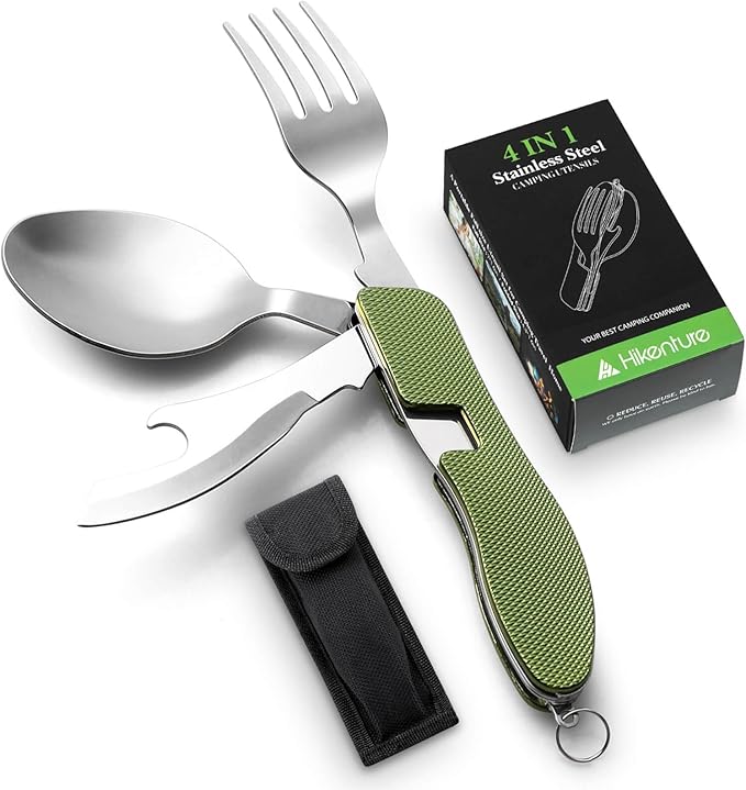 HIKENTURE 4-in-1 Camping Utensils,Stainless Steel Spoon Fork Knife Combo with Bottle Opener,Backpacking Eating Cutlery for Traveling,Hiking,Scouting Hobo Multitool Set (Army Green)