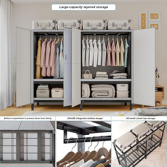 FPIGSHS Heavy Duty Clothes Rack with Magnetic Door 2000LBS Foldable Portable Wardrobe Closet for Hanging Clothing Rolling Garment Rack on Wheels for Bedroom Closet System (B(Grey Door, 49.2in)