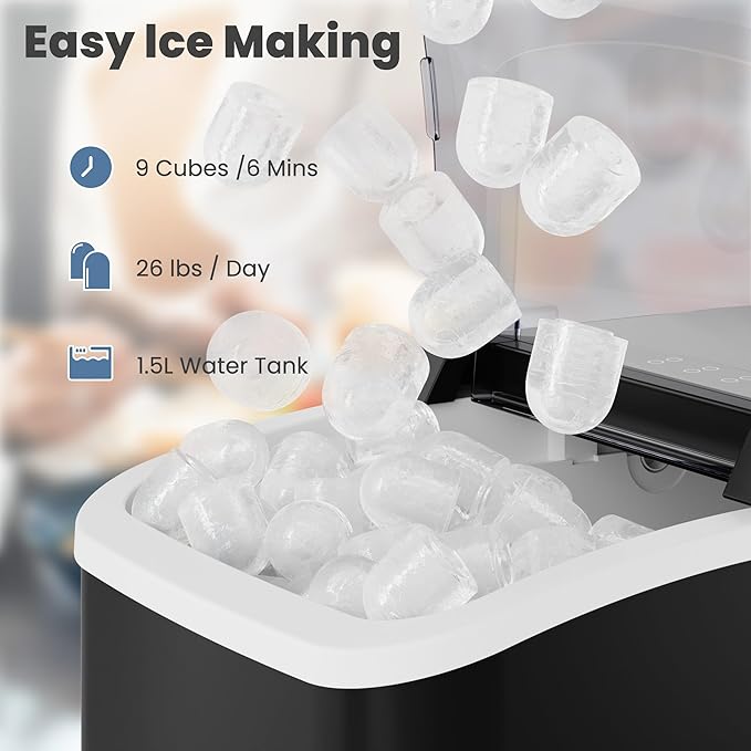 DUMOS Fast & Quiet Ice Maker for Countertop – 9 Bullet Cubes in 6 Mins, 26lbs/Day, Self-Cleaning Portable Ice Machine with Handle for Home, Kitchen, Dorm, Black