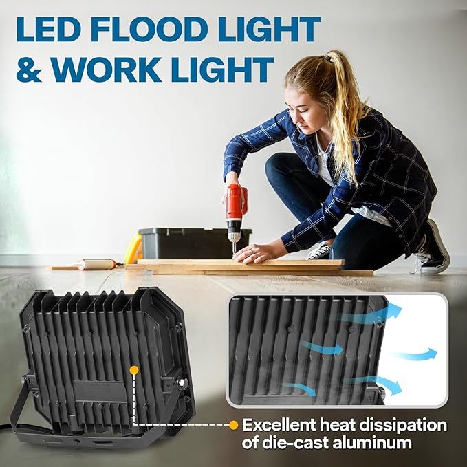 1 Pack LED Flood Lights Outdoor, 100W 10000LM Super Bright Floodlight Outside Work Light with 5.9FT Plug, IP65 Waterproof 6000K Outdoor LED Flood Light for Garage, Yard, Lawn, Garden