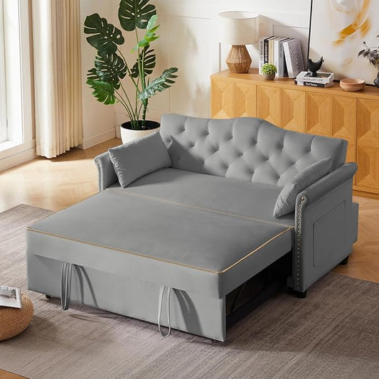 58" Velvet Sofa Bed, 3-in-1 Convertible Pull-Out Sleeper Sofa & Couch with Storage Bag and Adjustable Backrest,Perfect for Small Spaces, Living Room, or Office
