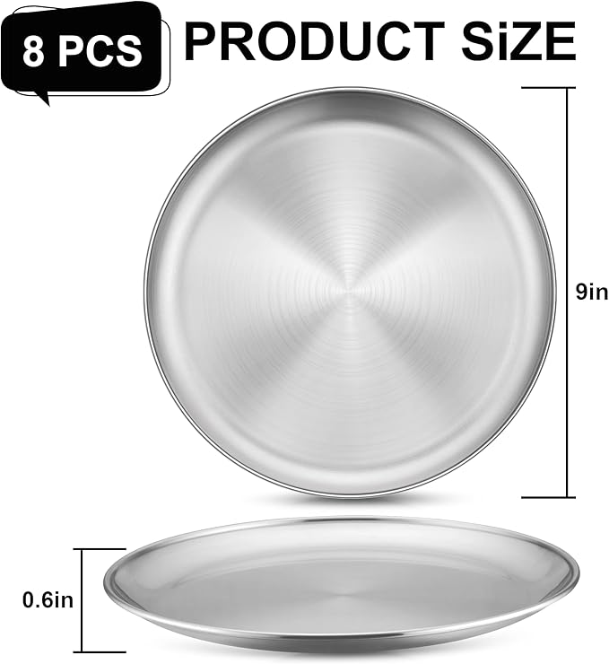 Homikit Stainless Steel Kids Plates Set of 8, 9 Inch Metal 304 Toddler Plates for Kids Children, 18/8 Non Toxic Dinner Dishes for Eating Feeding Serving Camping, Dishwasher Safe & Reusable