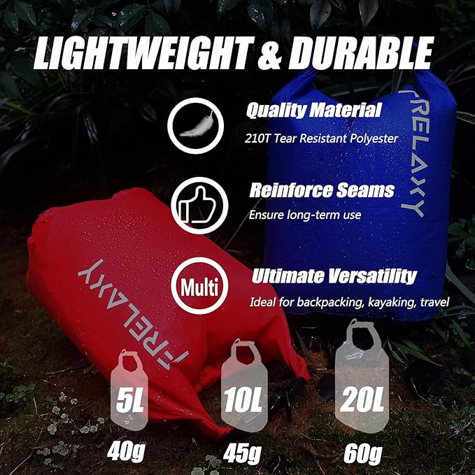 Frelaxy Dry Bag 3-Pack/5-Pack, Ultralight Dry Sack, Outdoor Bags Keep Gear Dry for Hiking, Backpacking, Kayaking, Camping, Swimming, Boating