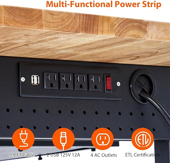 60" Work Bench, Heavy Duty Adjustable Height Table with Power Outlets, Portable Garage & Workshop Work Bench, 2000 LBS Capacity, Office, Home Use, Easy Assembly, Multipurpose Utility Table