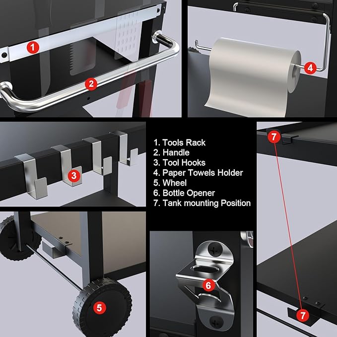 29.5''x19.6'' Outdoor Grill Cart, Pizza Oven Table Stand, 3-Shelves Food Prep Table for Ninja Woodfire, Ooni Pizza Oven, 17'' & 22'' Blackstone Griddle, Grill Stand for Picnic, Camping