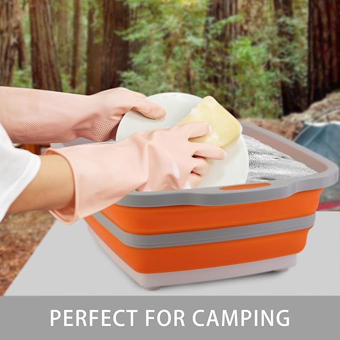 Collapsible Cutting Board with Container, Foldable Camping Sink with Colander, BBQ Prep Tub with Lid, Multifunction Dish Basin for Kitchen, Bowl, Vegetable and Fruit, 2.11 Gal/8L Storage Basket