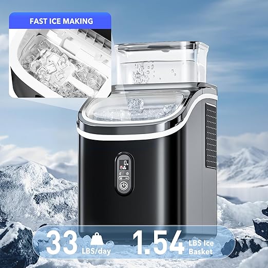 Countertop Ice Cube Maker, 33LBS/24H Portable Ice Machine with External Water Tank, 16Pcs Ready in 13 Mins, Auto-Cleaning, 2 Ways to Add Water, with Ice Scoop & Basket, for Home/Kitchen/Office