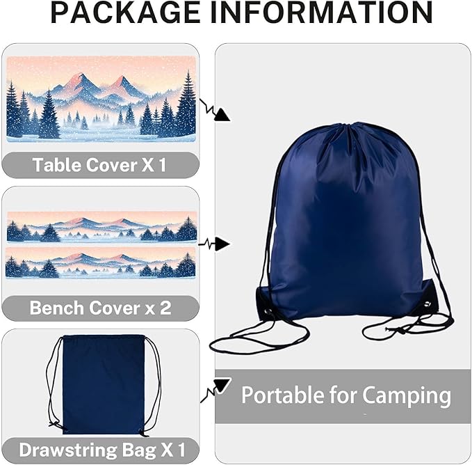 CAPSCEOLL Elastic Picnic Table Cover with Bench Covers 5Ft Waterproof Fitted Picnic Table Cover Cloths for Outdoors Camping Tablecloth with Drawstring Bag, 60X30in, Snow Mountain