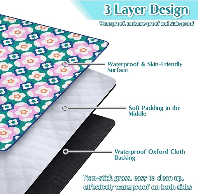 Block Floral Picnic Blankets Waterproof Foldable, 60″X80″Boho Thick Picnic Mat Outdoor Blanket for Grass,Cute Beach Blanket Sandproof Picnic Accessories for Camping Picnic Party Park Hiking