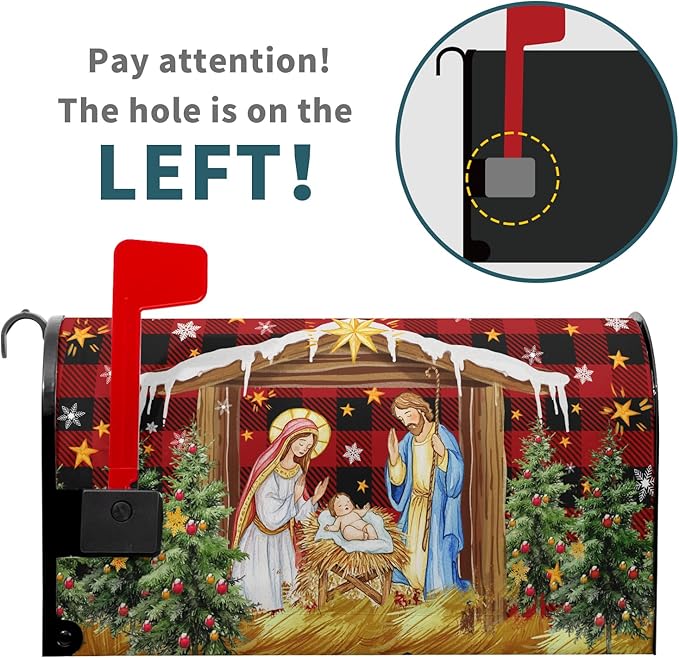 Christma Jesus Nativity Mailbox Cover Magnetic Standard Size 21" X 18" Xmas Holly Night Letter Post Wraps Religious Christian Jesus Red Buffalo Plaid Decorative Postbox Covers for Home Garden Yard