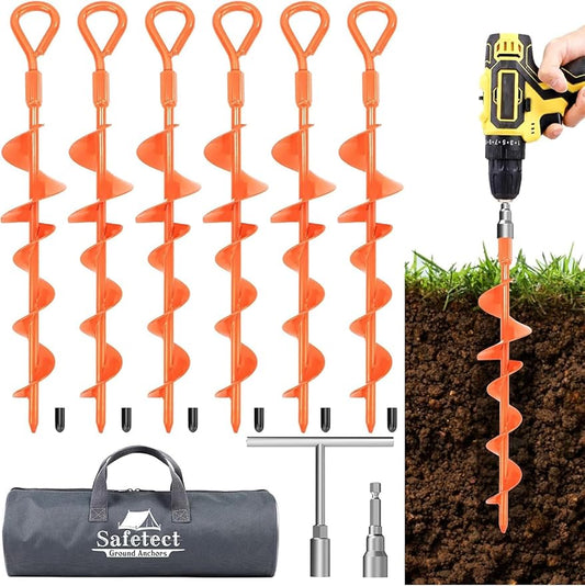Ground Anchors Screw in 15 Inch, Heavy Duty Earth Anchor Stakes for Trampoline, Camping, Canopies, Tents, Securing Animals, Swing Set Anchors, 6 Pack Tent Stakes