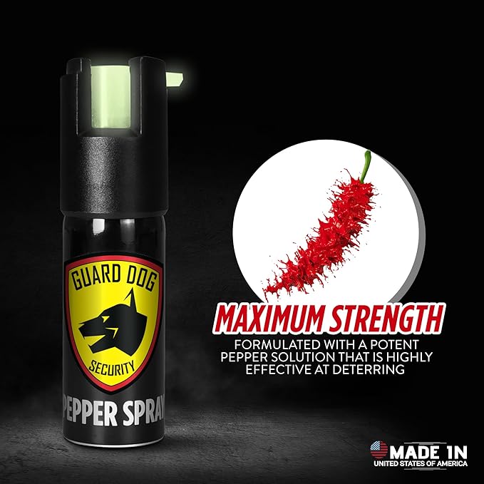 Guard Dog Security Self Defense Pepper Spray Glow in The Dark, OC Spray, UV Dye, Twist Top, Compact Size Self Defense Tool for Women and Men, Police Grade Formula, Up to 16 Feet Long Range