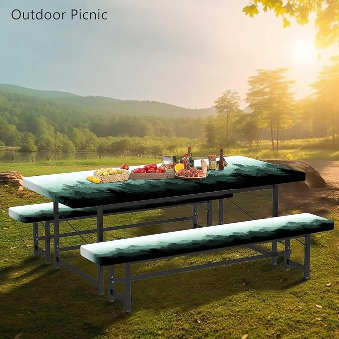 CAPSCEOLL Fitted Picnic Table Cover with Bench Covers with Elastic 6Ft Waterproof Camping Picnic Table Cover Cloths for Outdoors Camping Tablecloth with Drawstring Bag, 72X30in, Green Forest