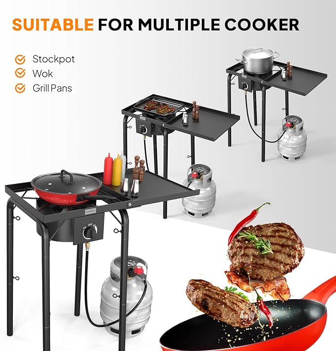 ROVSUN Single Burner Propane Gas Stove with Side Shelf & Carrying Bag, 100,000 BTU Portable Stove with Removable Legs & Regulator for Camping Home Backyard Cooking Brewing Canning Turkey Frying