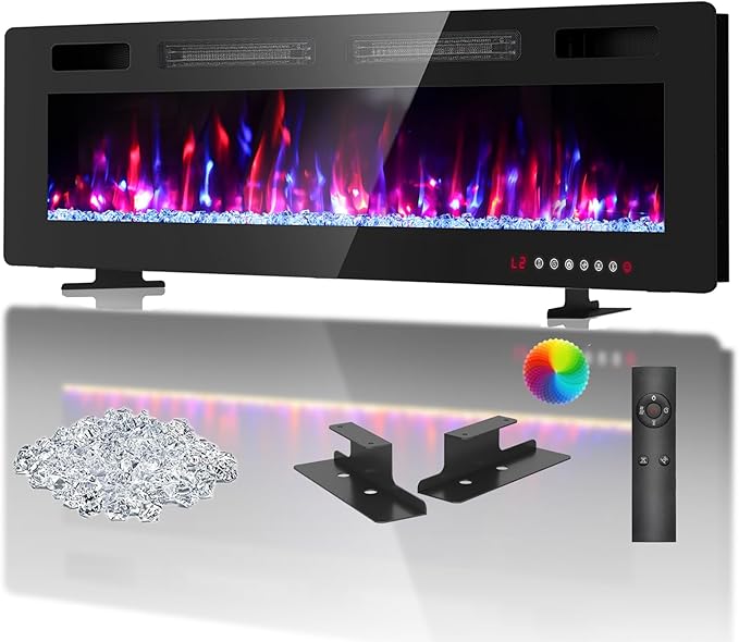 BREEZEHEAT 72 Inch Ultra Thin Electric Fireplace-Freestanding or Recessed Wall Mounted Fireplace Heater, Remote Control, Touch Screen, 750W/1500W, 8H Timer for Living Room, Bedroom, Office