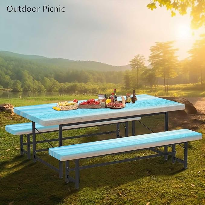 CAPSCEOLL Fitted Picnic Table Cover with Bench Covers with Elastic 6Ft Waterproof Camping Picnic Table Cover Cloths for Outdoors Camping Tablecloth with Drawstring Bag, 72X30in, Summer Beach