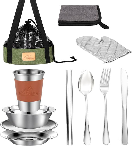 Camping Mess Kit - 1 to 2 persons Camping Dishes includes Cups, Bowls, Knives, Forks, Spoons, Camping Dinnerware Set Camping Cooking Utensils Accessories Plates Dinnerware Set