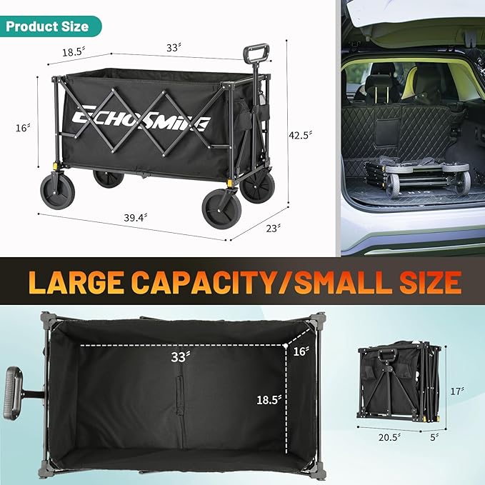 EchoSmile Heavy Duty 350 Lbs Capacity Collapsible Wagon, Outdoor Folding Camping Wagons, Grocery Portable Utility Cart, Adjustable Rolling Carts, All Terrain Sports Wagon with Big Wheels (Dark-Black)
