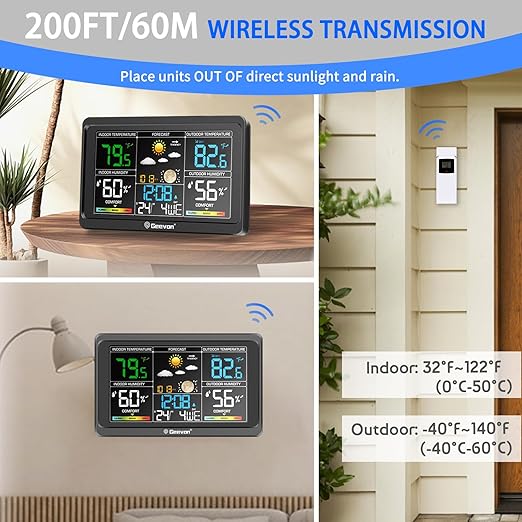 Geevon Weather Stations Wireless Indoor Outdoor Thermometer, Color VA Display Digital Weather Thermometer, Temperature Humidity Monitor with Barometer, Calendar, and Adjustable Backlight