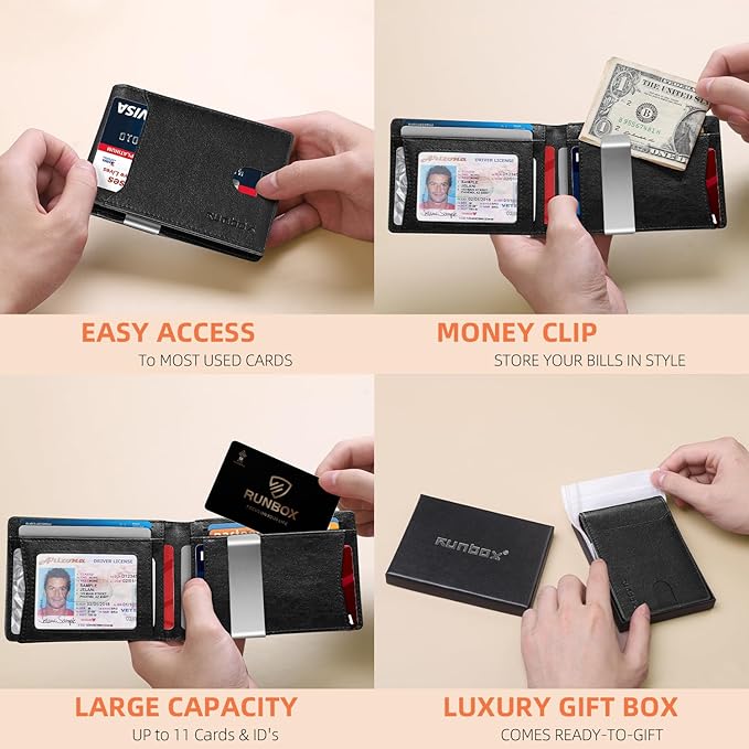 RUNBOX Slim Wallets for Men - Leather Money Clip Mens Wallet - RFID Blocking Front Pocket Bifold Wallet - Thin Credit Card Holder with Gift Box