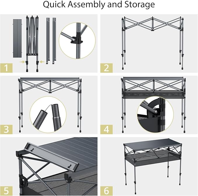 Camping Table Foldable, 2 Adjustable Height 34.2”, Large Roll Up Camping Table Support 264lbs with Storage Basket and Bag, Aluminum Outdoor Table, for Picnic Travel BBQ, 39.4” x 19.7”, Black
