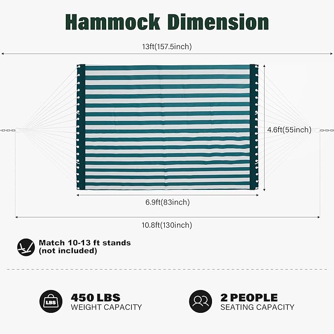 Patio Watcher 13 FT Quick Dry Textilene Hammock - Outdoor Double Hammock - Heavy Duty Hammocks for Outside - 450 lbs Capacity - Green White