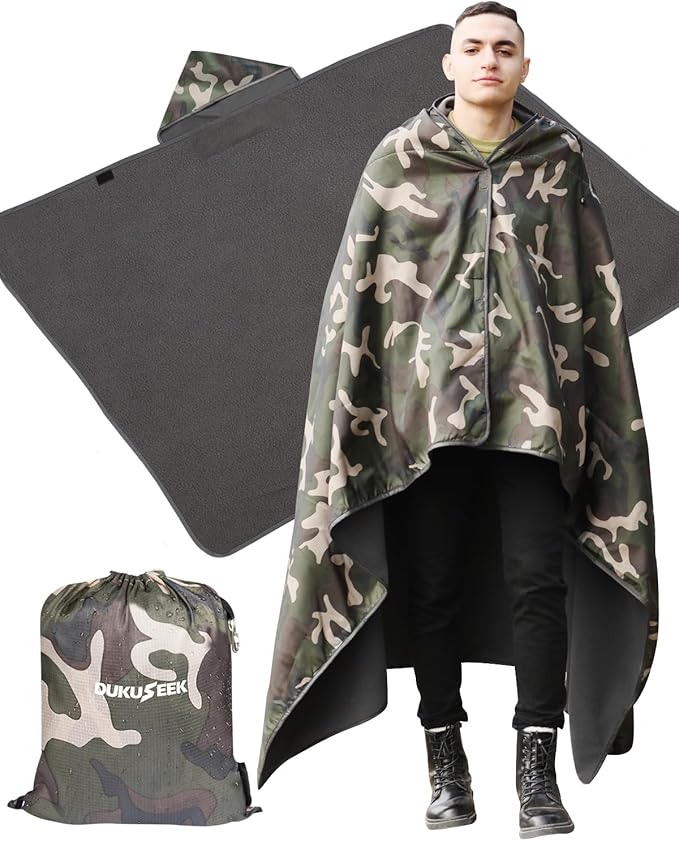 DUKUSEEK Hooded Stadium Blanket, Camouflage Waterproof Windproof Outdoor Fleece Blanket - Large (79x56), Portable, Wearable, Warm for Outdoor Hunting, Sporting Events…