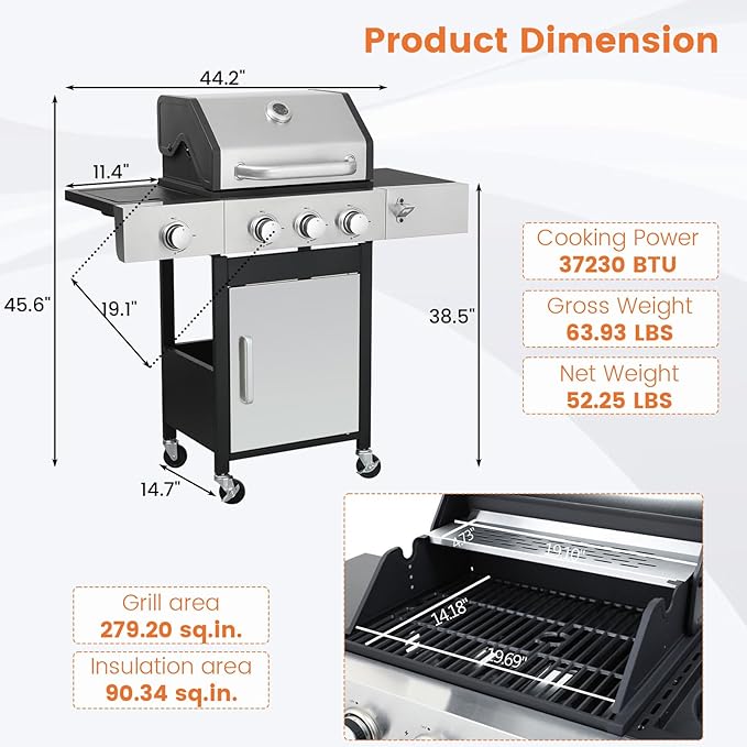 3-Burner BBQ Propane Gas Grill with Side Burner, 37230BTU Stainless Steel Barbecue Grill with Enameled Cast Iron Cooking Grids, For Camping Outdoor Cooking (Style4: 3+1 Burner)