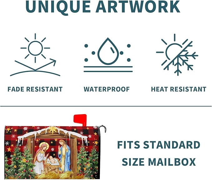 Christma Jesus Nativity Mailbox Cover Magnetic Standard Size 21" X 18" Xmas Holly Night Letter Post Wraps Religious Christian Jesus Red Buffalo Plaid Decorative Postbox Covers for Home Garden Yard