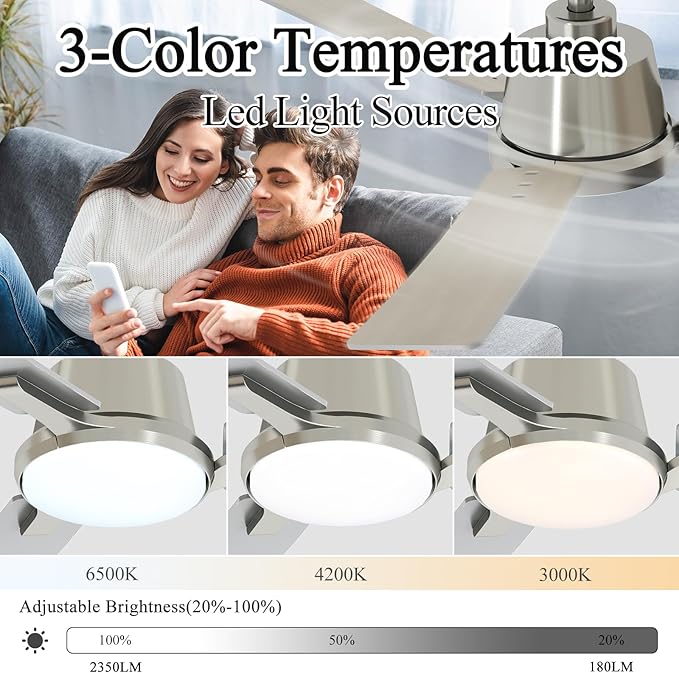 42 Inch Ceiling Fans with Lights,Low Profile Ceiling Fan,Modern Flush Mount,Reversible 6 Speeds,3CCT Dimmable Noiseless Ceiling Fans for Living Room,Bedroom and Patio,ETL Listed