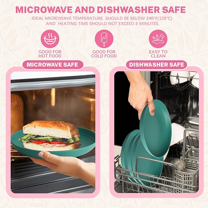 Homienly Wheat Straw Dinner Plates Set of 8, Unbreakable Salad Plates, 10 Inch Lightweight Roud Plates for Kitchen, Camping, Picnic, Microwave and Dishwasher Safe Plate with Non-Slip Pattern(Green)