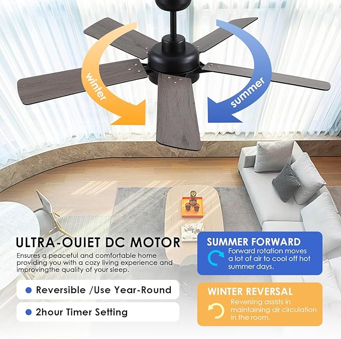 Ceiling Fans with Lights - 52 Inch Black Low Profile Ceiling Fan with Remote Control, 3CCT Dimmable Lighting, 6 Speeds Reversible, Modern Ceiling Fan Light for Indoor/Outdoor Use