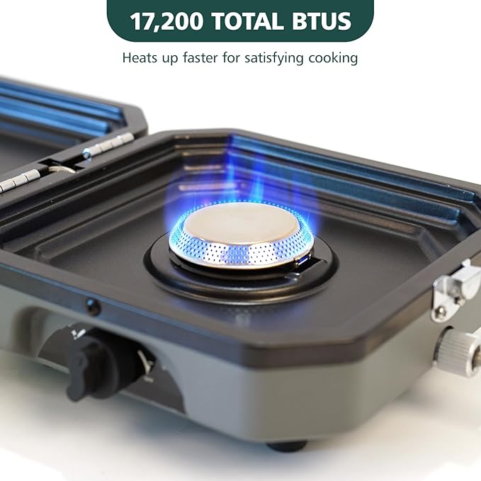 2 Burner Portable Camping Stove with Griddle 17200 BTU Folding Camp Gas Stove Camping Adjustable Burners Piezo Ignition