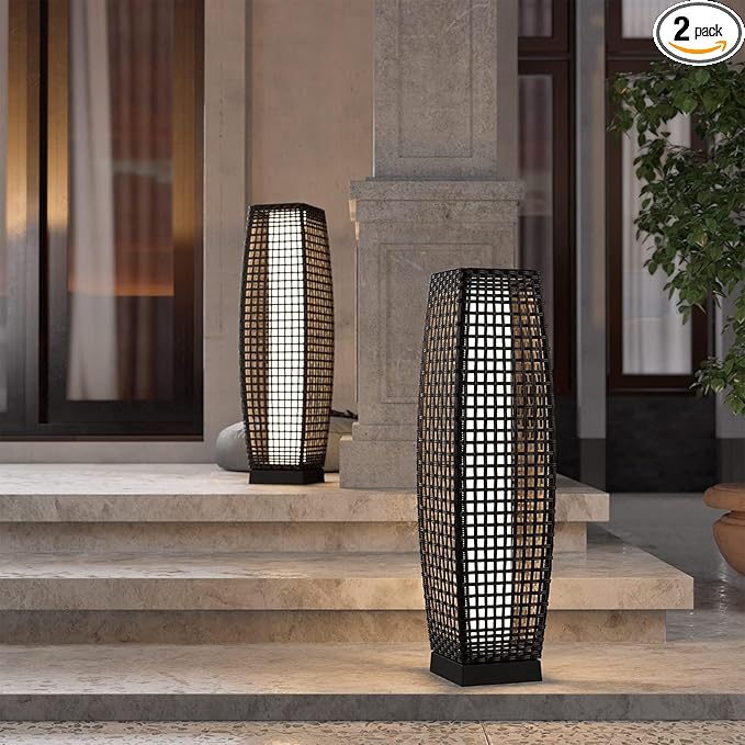 Grand patio 2-Piece Outdoor Floor Lamp Solar Powered Lantern Water-Resistant Wicker Deck Patio Light, Lamp Large-Sized for Garden or Porch-Large Fuji, Silver Gray