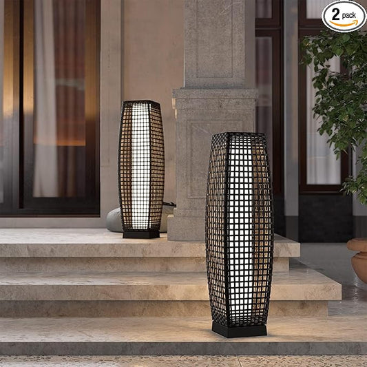 Grand patio 2-Piece Outdoor Floor Lamp Solar Powered Lantern Water-Resistant Wicker Deck Patio Light, Lamp Large-Sized for Garden or Porch-Large Fuji, Silver Gray