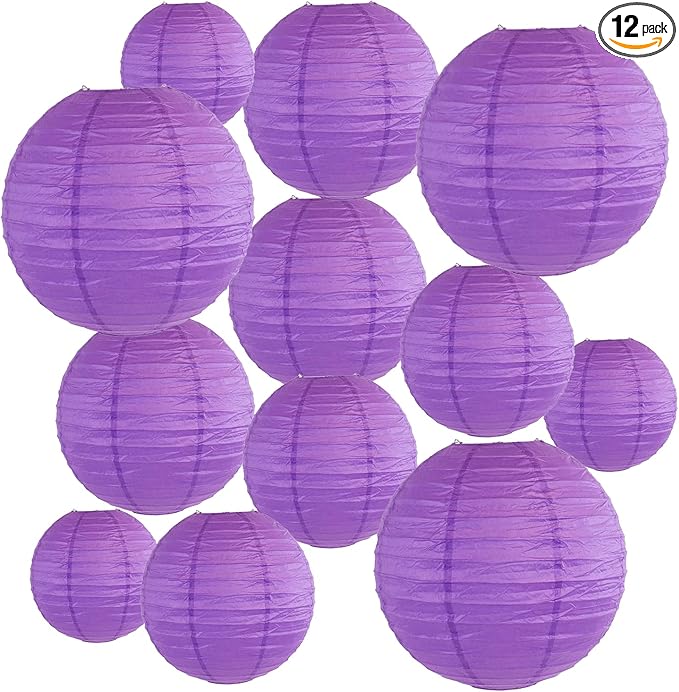 12Pcs Round Paper Lanterns Assorted Sizes (6" 8" 10" 12") for Home Decor, Restaurant, Church, Wedding, Birthday Party Decorations, Hanging Chinese Japanese Paper Lantern Lamps (Deep Purple)
