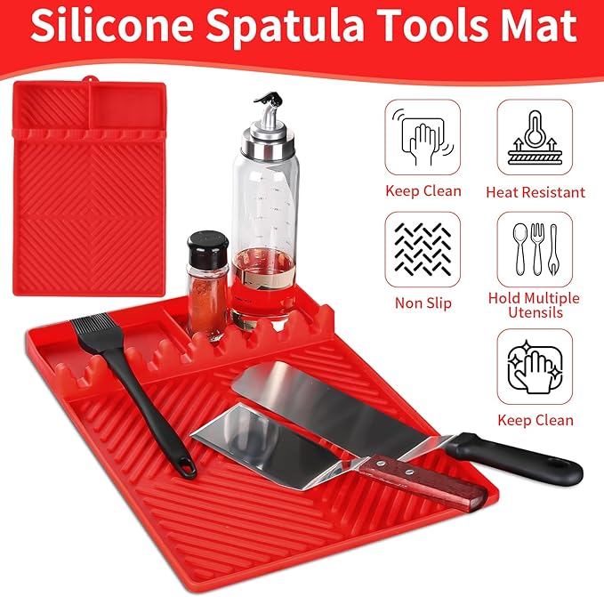 Griddle Mat Barbeque Grill Accessories Tools for Blackstone, Side Shelf Mat Grill Pad for Outdoor Grill Kitchen Counter Spatula Silicone Mat with Drip Pad for Kitchen, Cooking, Countertop (Red)