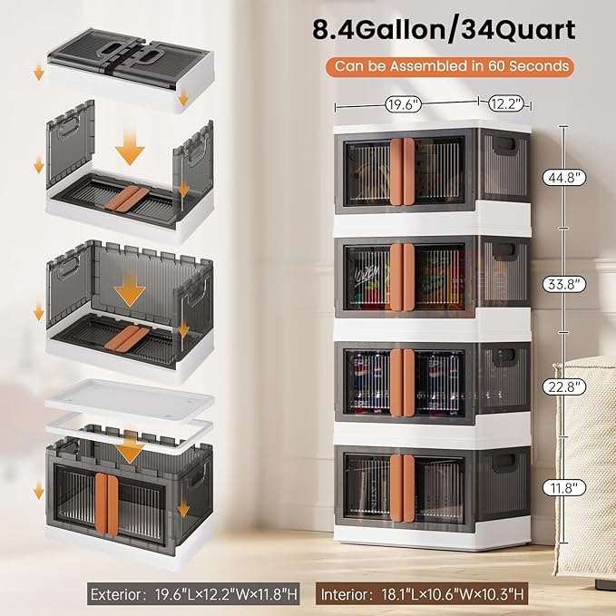 8.4Gal Collapsible Storage Bins with Lids & Wheels - 1 Pack Stackable with Doors, Heavy-Duty Plastic Containers for Home/Office, White