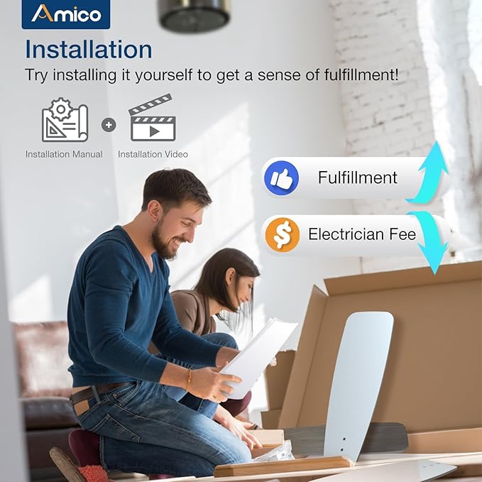 Amico Ceiling Fans with Lights, 44 inch Nickel Ceiling Fan with Light and Remote Control, Reversible, 3CCT, Dimmable, Noiseless, Small Ceiling Fan for Bedroom, Farmhouse, Indoor/Outdoor Use