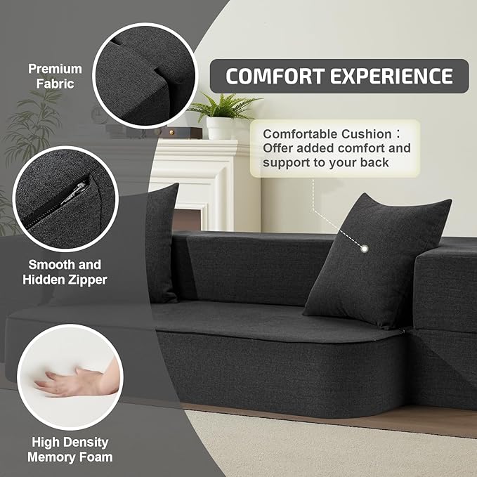 2-in-1 Folding Sofa Bed with Pillows - Folding Chair Floor Couch & Sleeping Mattress - Washable Cover & Memory Foam Sleeper Chair for Living Room/Guest Room/Apartment/Loft, Dark Gray, Twin
