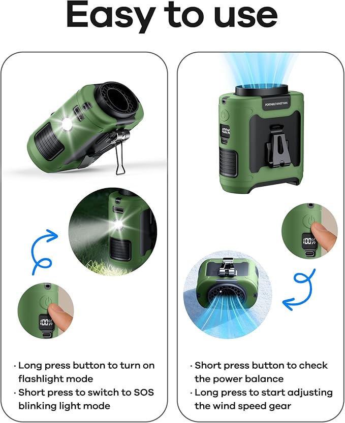 AI Portable Waist Fan Rechargeable 10000mah Belt Shirt Clip On Fan For Body Cooling That Blow Cold Air 5 Speeds Flashlight Up To 40H