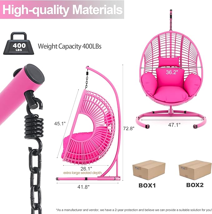 Hanging Egg Chair with Stand - Egg Swing Chair Outdoor Indoor Patio Wicker Chair Swing Hammock Egg Chairs 400lbs Capacity for Outside Patio, Bedroom, Garden and Balcony(Pink, 1PC)