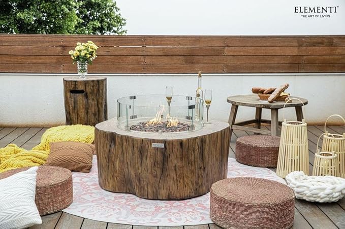 Elementi | Bundle Manchester Gas Fire Pit Cast Concrete Semi-Round Fire Table, Outdoor Fire Pit Electronic Ignition | Canvas Cover, Lava Rock Included | Red Wood | Natural Gas